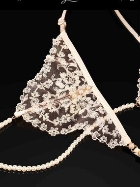 Honey Birdette Cream Lace Pearl-Trim Thong (Maise)